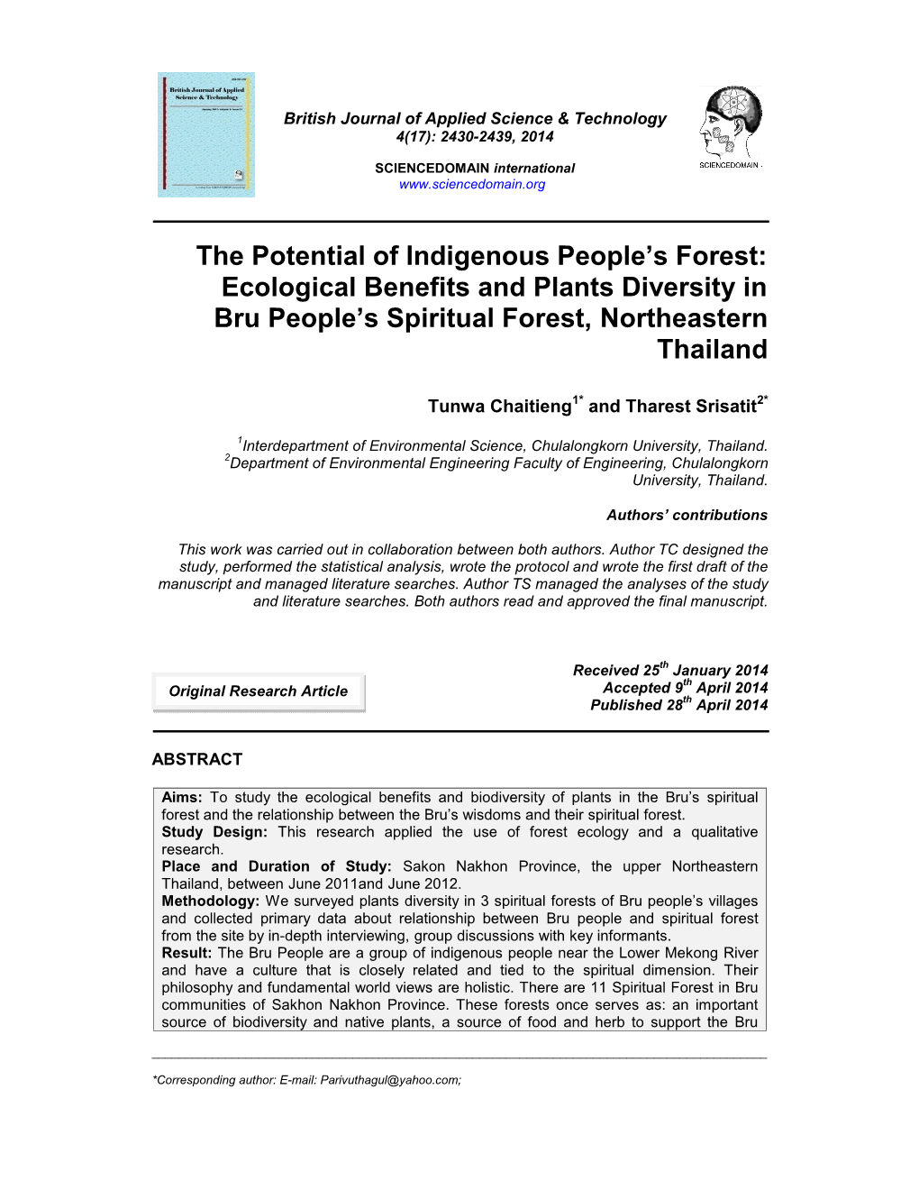 Ecological Benefits and Plants Diversity in Bru People's Spiritual