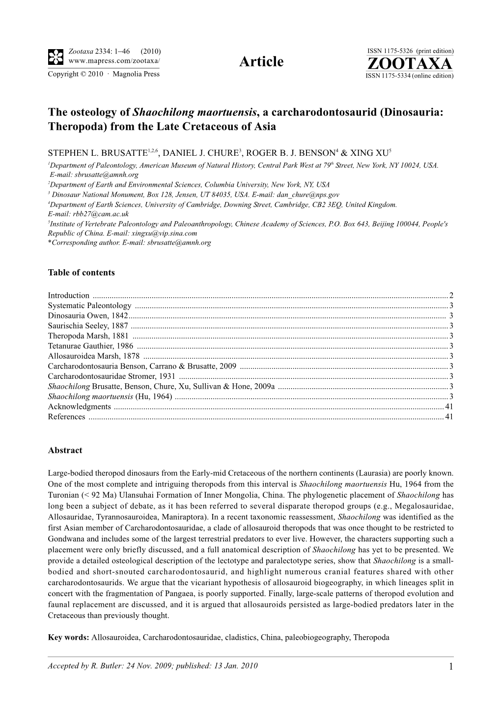 Zootaxa, the Osteology of Shaochilong Maortuensis, A