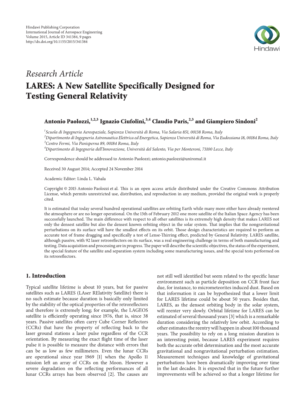 Research Article LARES: a New Satellite Specifically Designed for Testing General Relativity