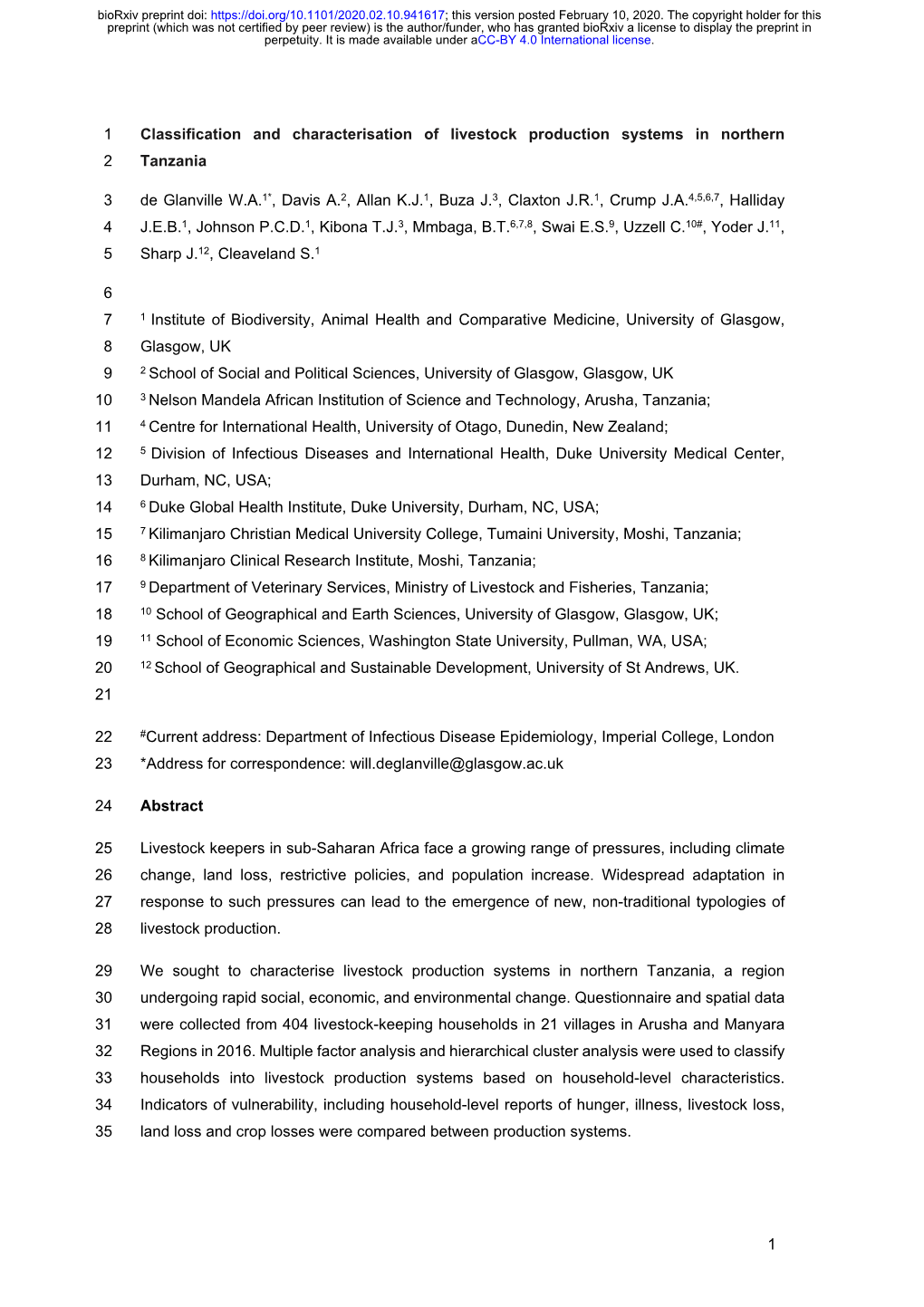 Classification and Characterisation of Livestock Production Systems in Northern 2 Tanzania