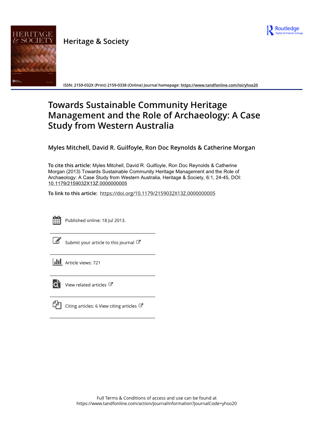 Towards Sustainable Community Heritage Management and the Role of Archaeology: a Case Study from Western Australia