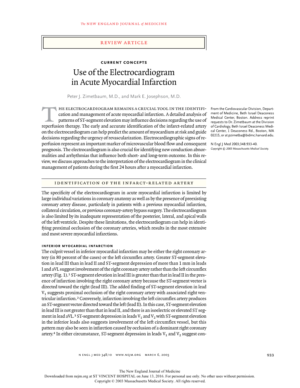 Use of the Electrocardiogram in Acute Myocardial Infarction