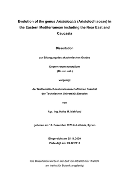 Systematic of the Genus Aristolochia in the Eastern Mediterranean Including the Near East and Caucasia”