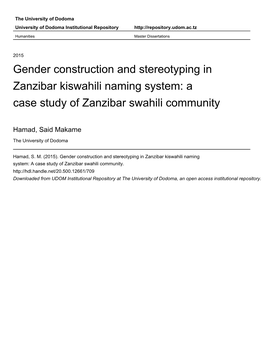 Gender Construction and Stereotyping in Zanzibar Kiswahili Naming System: a Case Study of Zanzibar Swahili Community