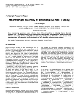 Macrofungal Diversity of Babadağ (Denizli, Turkey)
