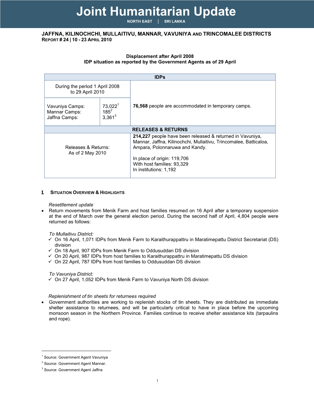 Joint Humanitarian Update NORTH EAST | SRI LANKA