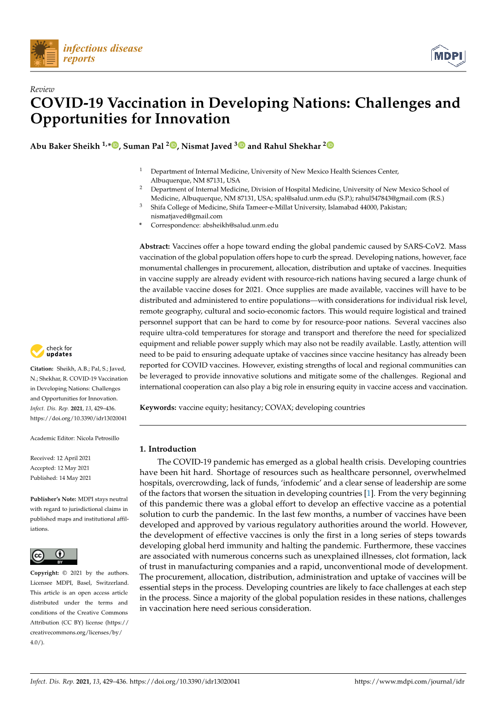 COVID-19 Vaccination in Developing Nations: Challenges and Opportunities for Innovation