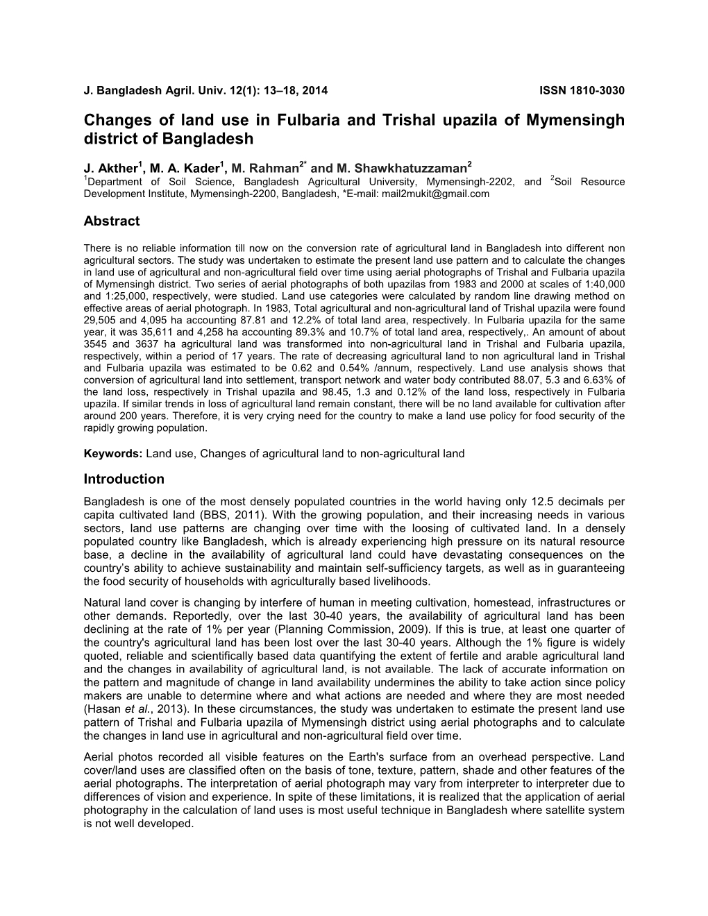 Changes of Land Use in Fulbaria and Trishal Upazila of Mymensingh District of Bangladesh