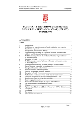 Restrictive Measures – Burma/Myanmar) (Jersey) Order 2008 Arrangement