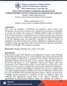 INFLUENCE of RISK FACTORS on the HEALTH of SCHOOLCHILDREN in HOT CLIMATES of SURKHANDARYA REGION Kenjayev Yodgor Mamatqulovich T