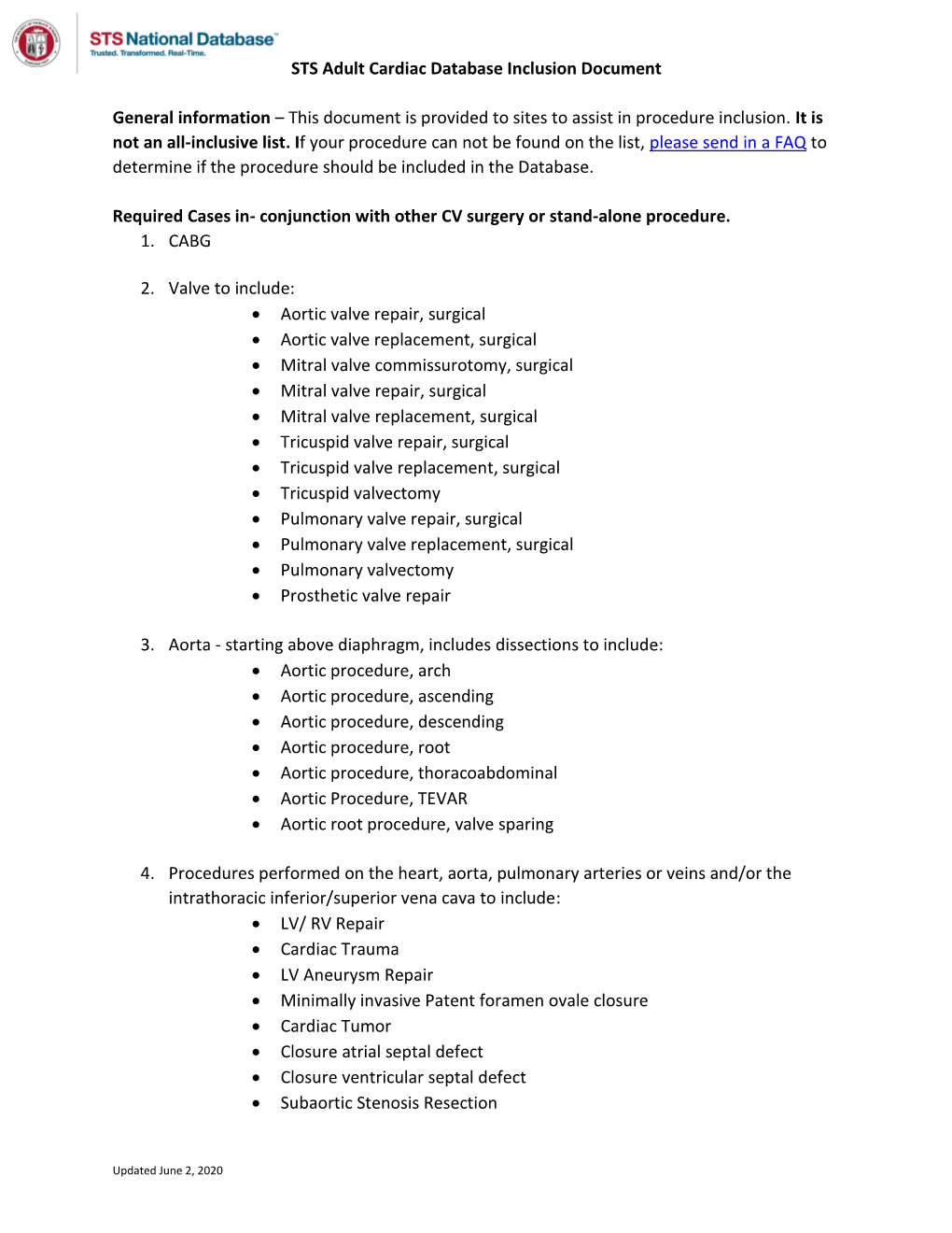 STS Adult Cardiac Database Inclusion Document