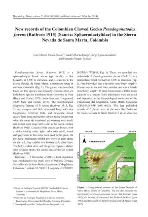 New Records of the Colombian Clawed Gecko Pseudogonatodes Furvus (Ruthven 1915) (Sauria: Sphaerodactylidae) in the Sierra Nevada De Santa Marta, Colombia