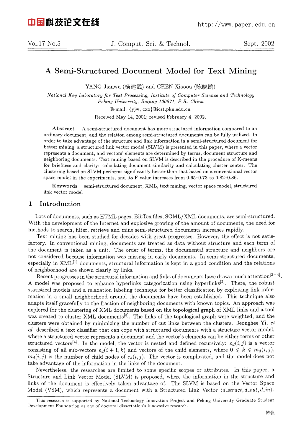 A Semi-Structured Document Model for Text Mining