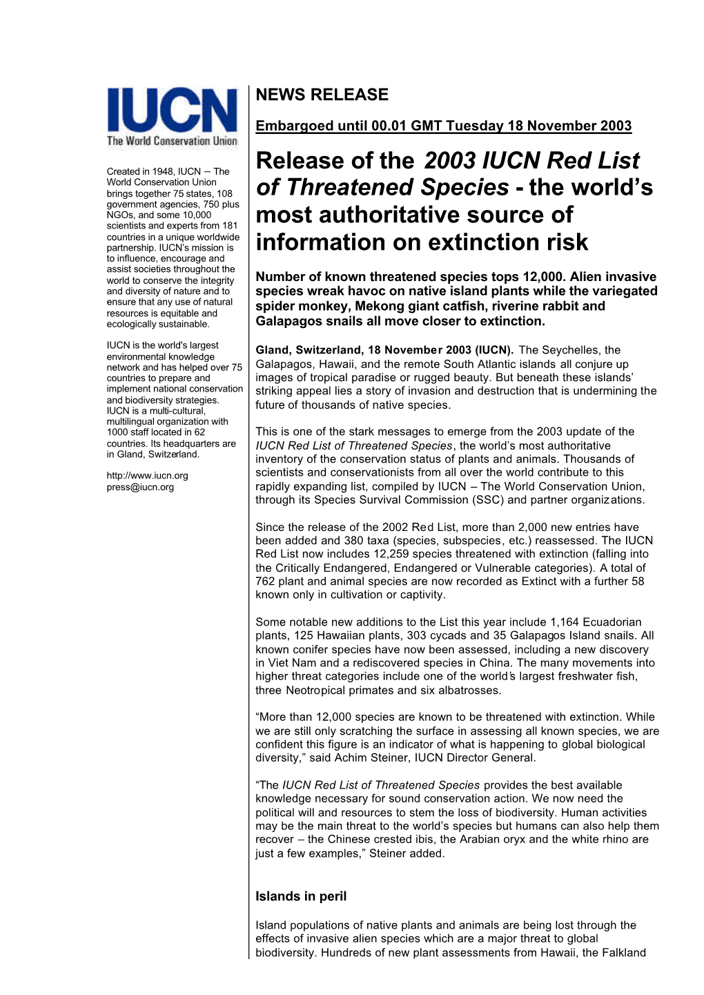 Release of the 2003 IUCN Red List of Threatened Species