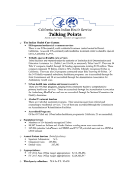 California Area Indian Health Service Talking Points Based on 2017 Data -- Numbers Are Approximate