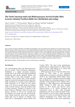 The North American Mud Crab Rhithropanopeus Harrisii (Gould, 1841) in Newly Colonized Northern Baltic Sea: Distribution and Ecology