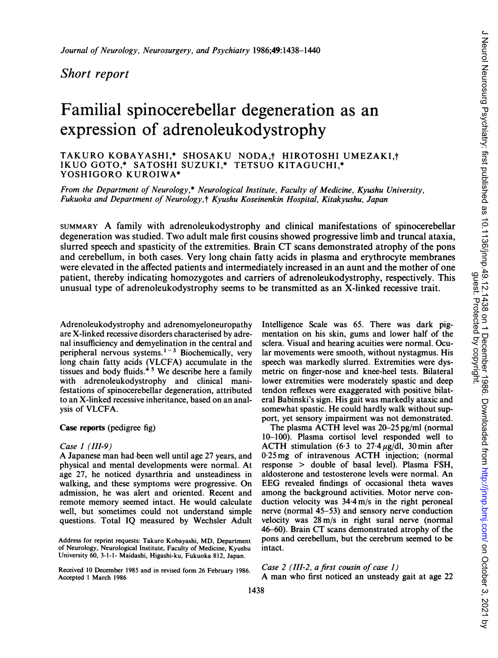 Familial Spinocerebellar Degeneration As an Expression of Adrenoleukodystrophy