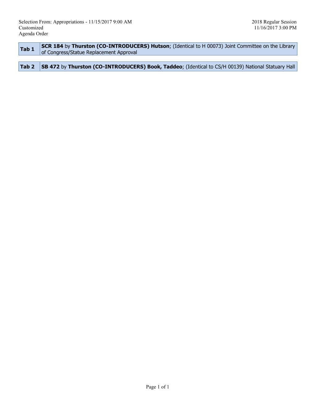 Appropriations - 11/15/2017 9:00 AM 2018 Regular Session Customized 11/16/2017 3:00 PM Agenda Order