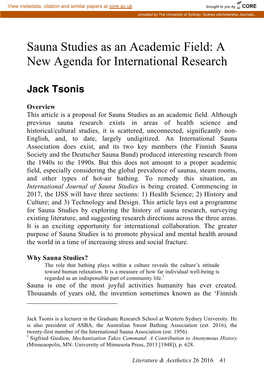 Sauna Studies As an Academic Field: a New Agenda for International Research