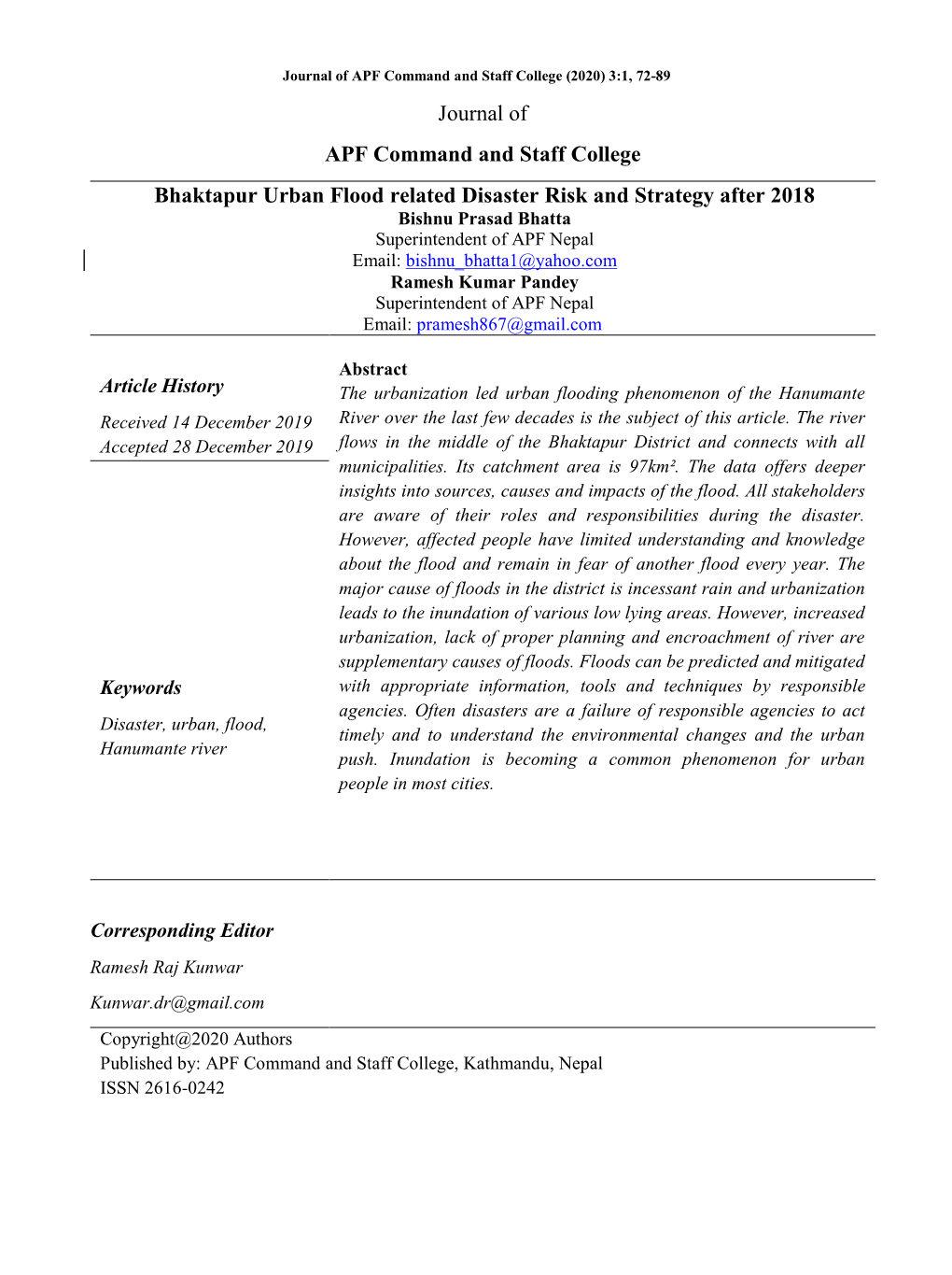 Journal of APF Command and Staff College Bhaktapur Urban Flood