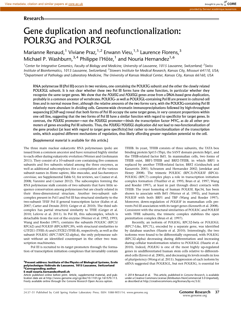 Gene Duplication and Neofunctionalization: POLR3G and POLR3GL