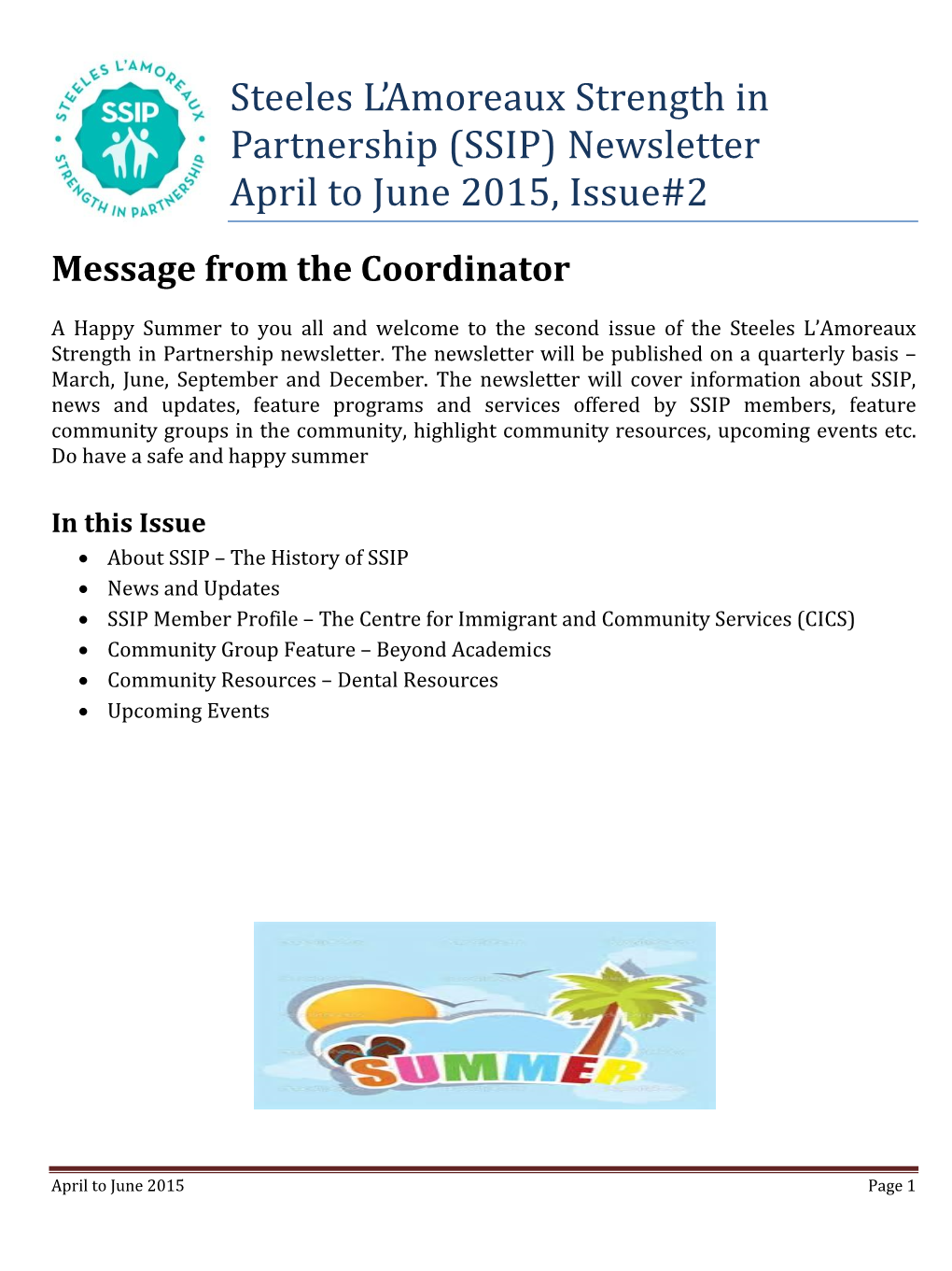 Steeles L'amoreaux Strength in Partnership (SSIP) Newsletter April to June 2015, Issue#2