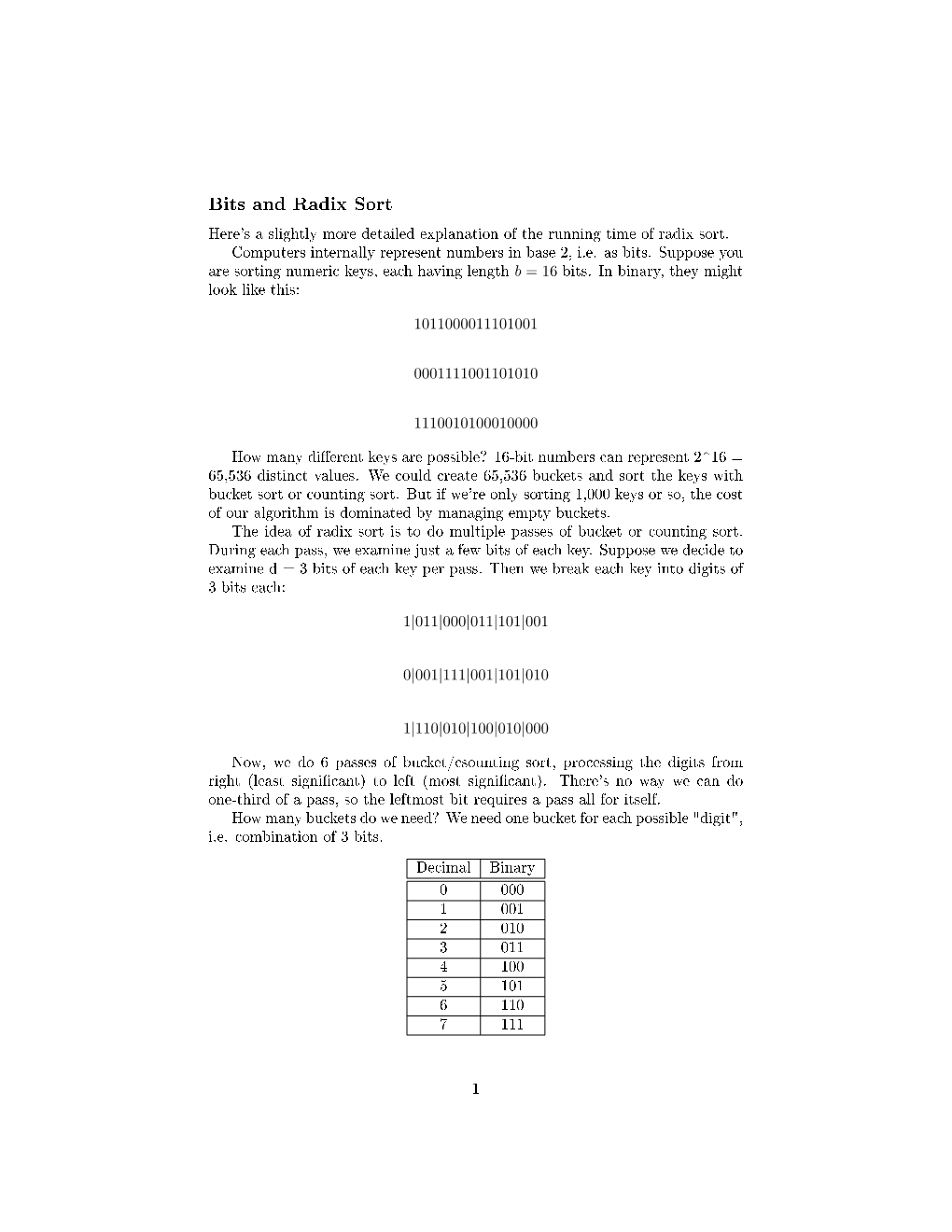 Bits and Radix Sort Here's a Slightly More Detailed Explanation of the Running Time of Radix Sort