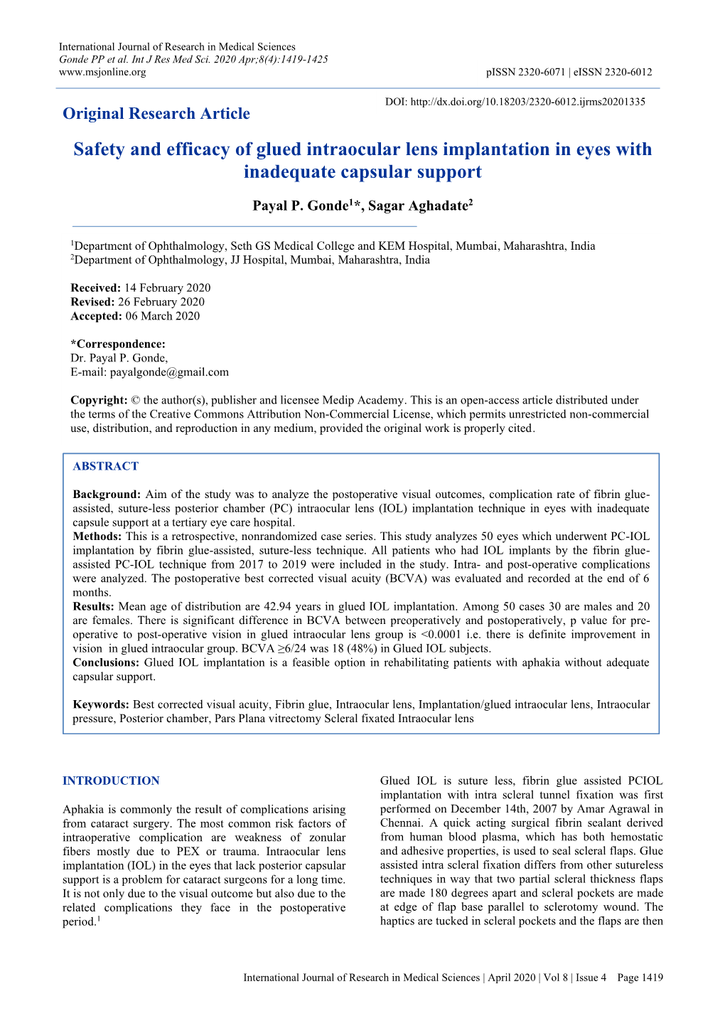 Safety and Efficacy of Glued Intraocular Lens Implantation in Eyes with Inadequate Capsular Support