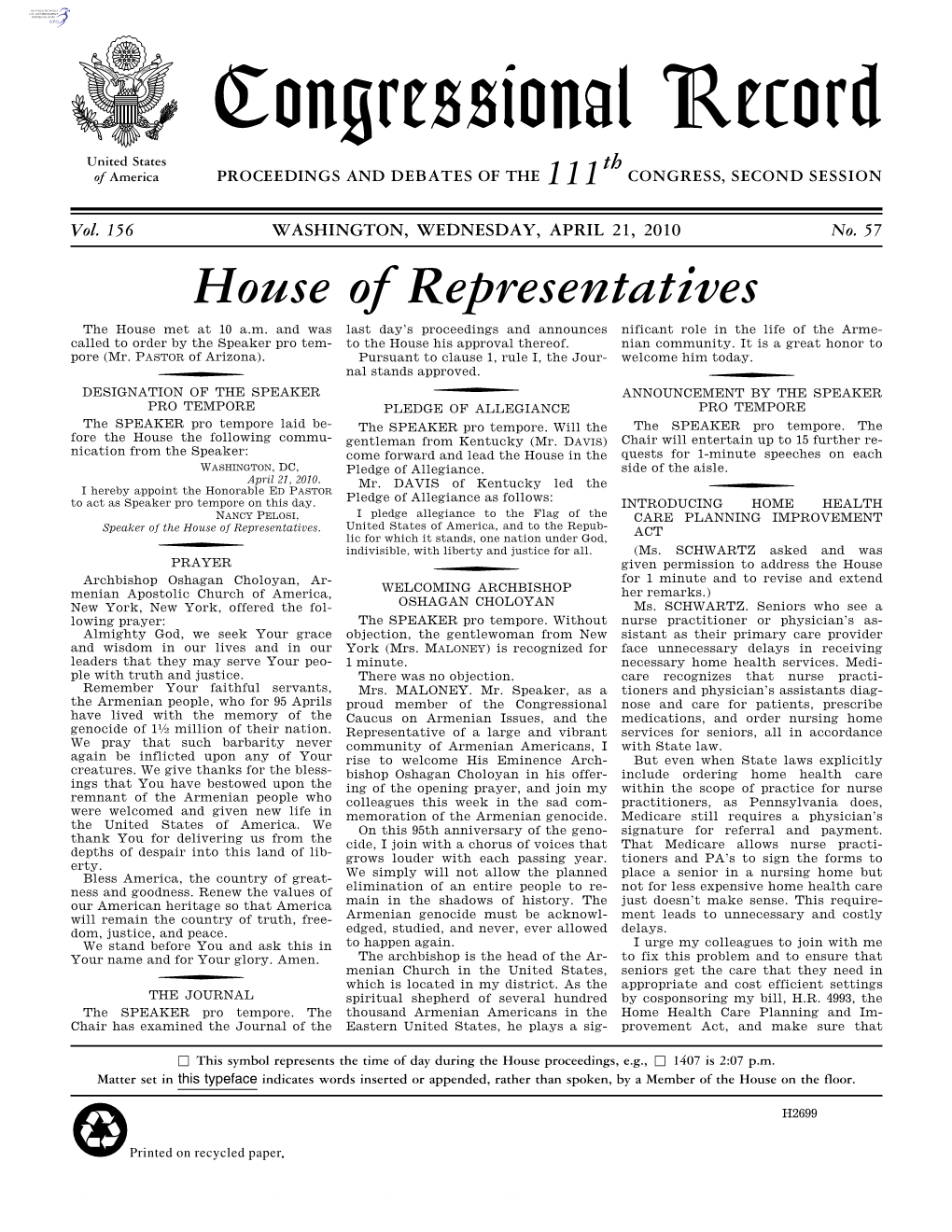 Congressional Record United States Th of America PROCEEDINGS and DEBATES of the 111 CONGRESS, SECOND SESSION