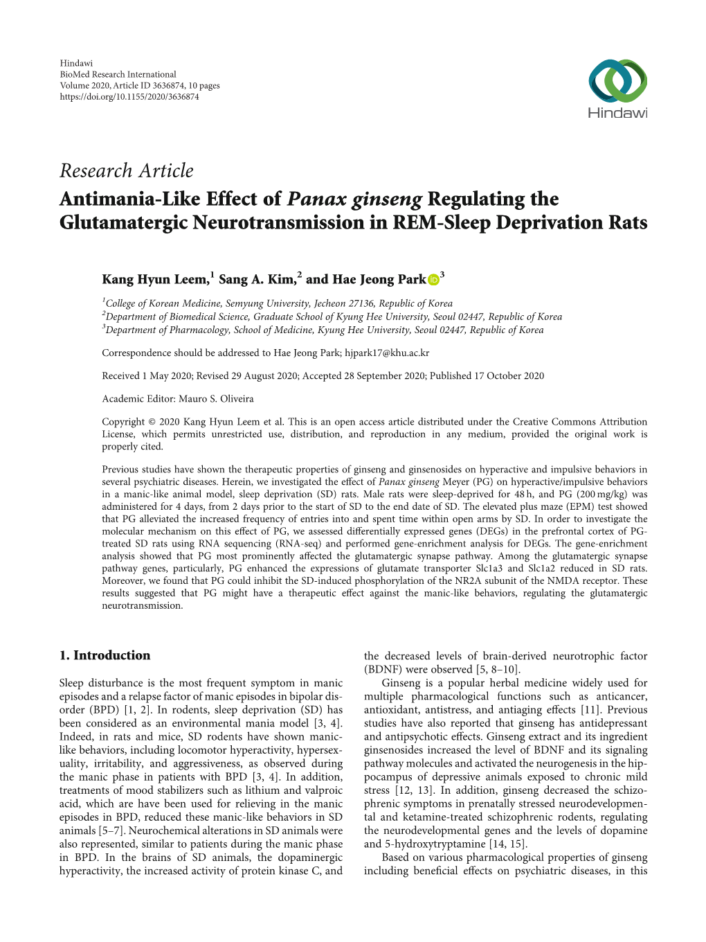 Research Article Antimania-Like Effect of Panax Ginseng Regulating the Glutamatergic Neurotransmission in REM-Sleep Deprivation Rats