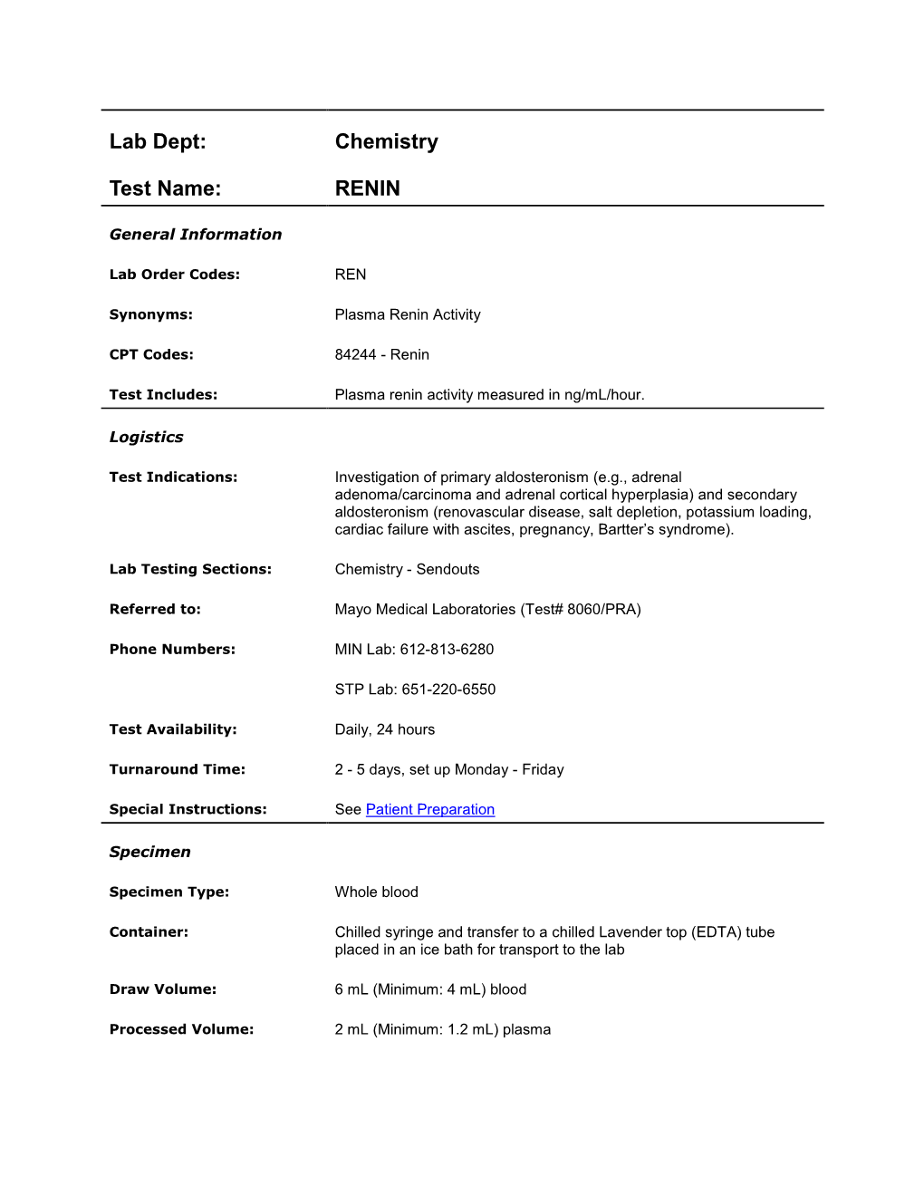 Lab Dept: Chemistry Test Name: RENIN