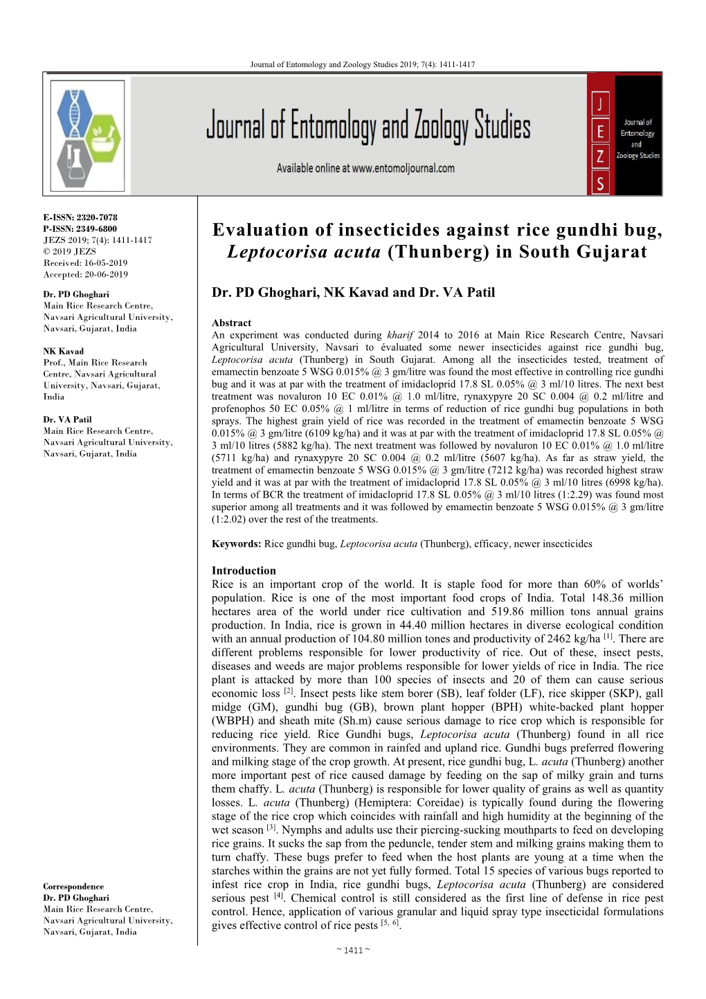 Evaluation of Insecticides Against Rice Gundhi Bug, Leptocorisa Acuta