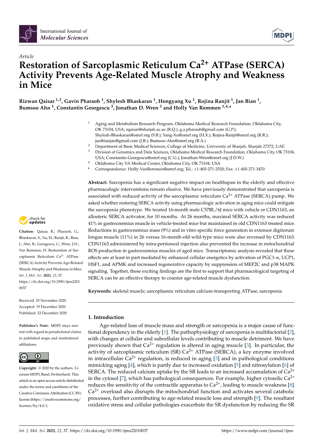 Restoration of Sarcoplasmic Reticulum Ca2+ Atpase (SERCA) Activity Prevents Age-Related Muscle Atrophy and Weakness in Mice