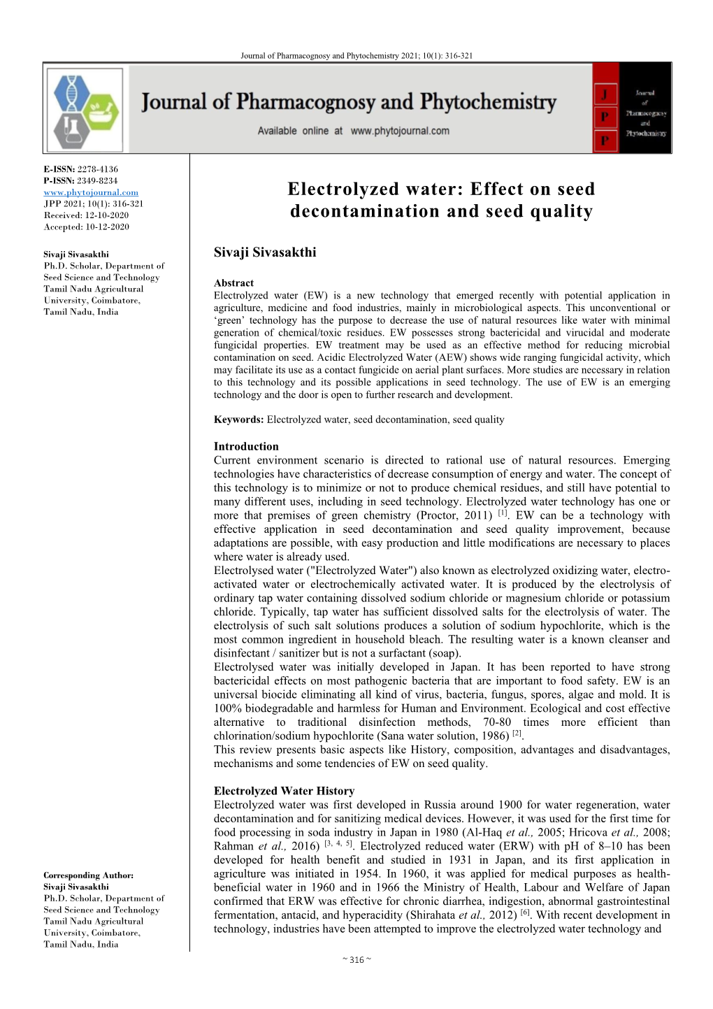 Electrolyzed Water: Effect on Seed JPP 2021; 10(1): 316-321 Received: 12-10-2020 Decontamination and Seed Quality Accepted: 10-12-2020