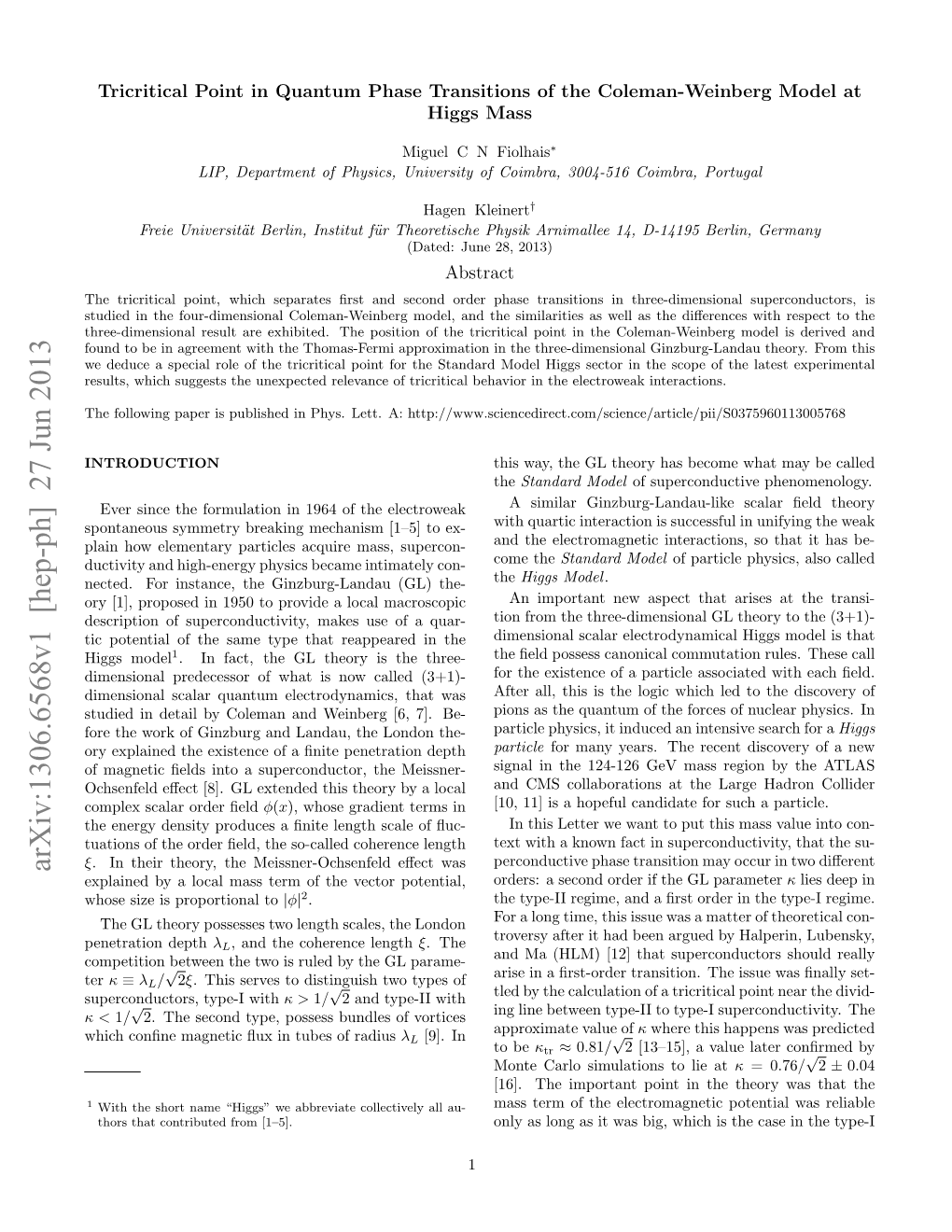 Tricritical Point in Quantum Phase Transitions of the Coleman-Weinberg Model at Higgs Mass