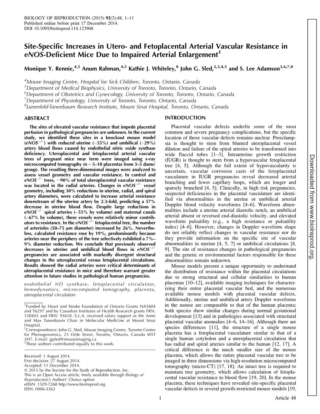 And Fetoplacental Arterial Vascular Resistance in Enos-Deficient Mice Due to Impaired Arterial Enlargement1