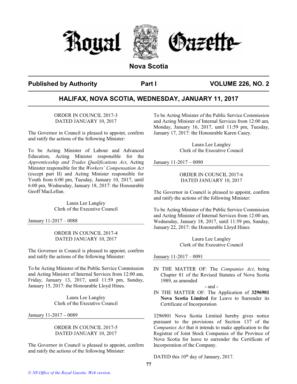 NS Royal Gazette Part I