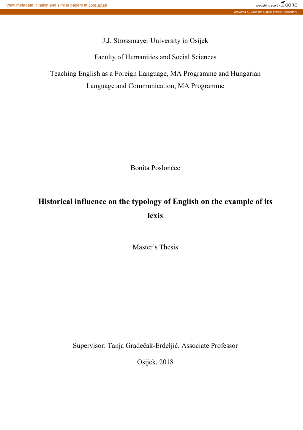Historical Influence on the Typology of English on the Example of Its Lexis