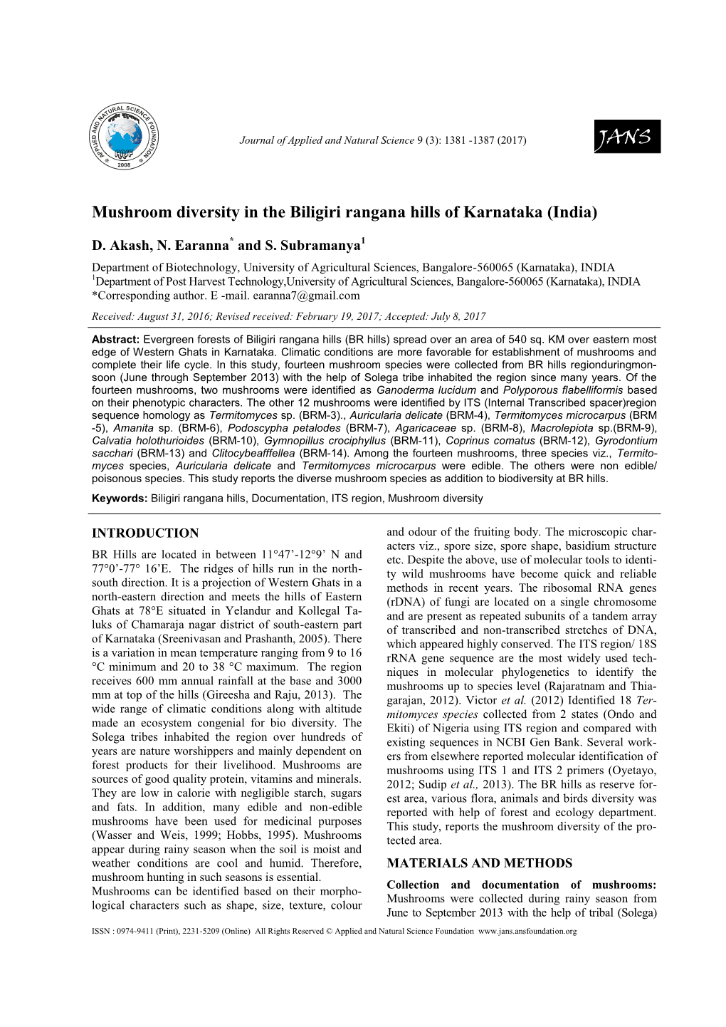 Mushroom Diversity in the Biligiri Rangana Hills of Karnataka (India)