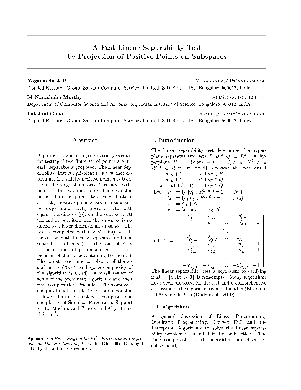 A Fast Linear Separability Test by Projection of Positive Points on Subspaces