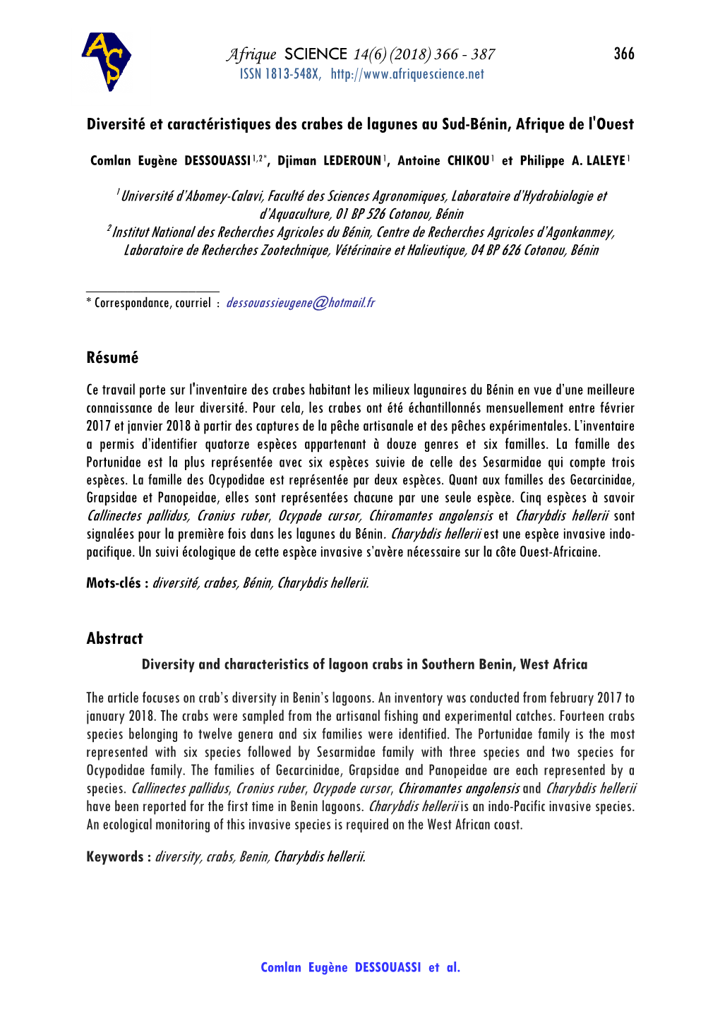 366 Diversité Et Caractéristiques Des Crabes De Lagunes Au Sud-Bénin, Afrique De L'ouest Résumé Abstract