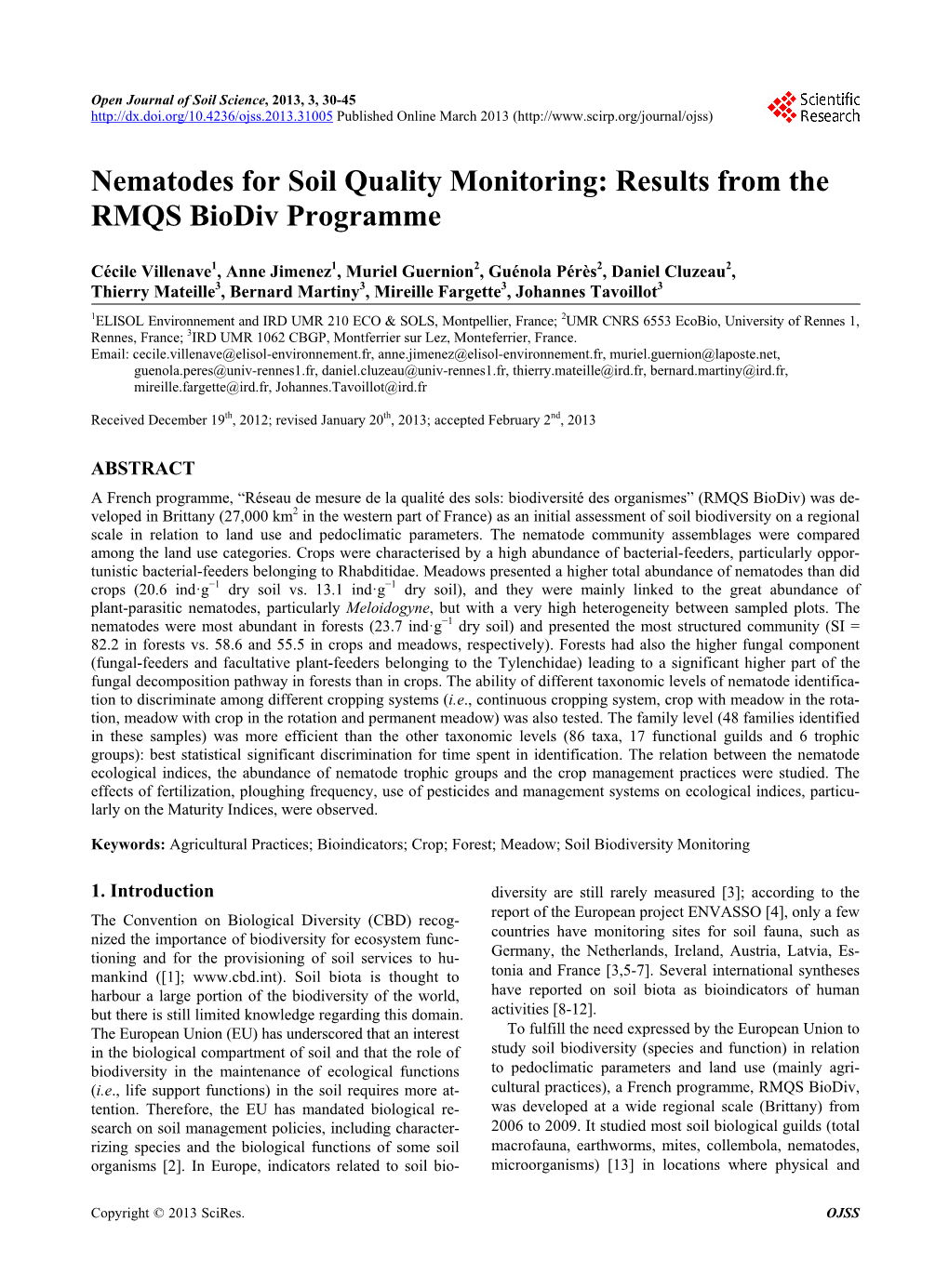 Nematodes for Soil Quality Monitoring: Results from the RMQS Biodiv Programme
