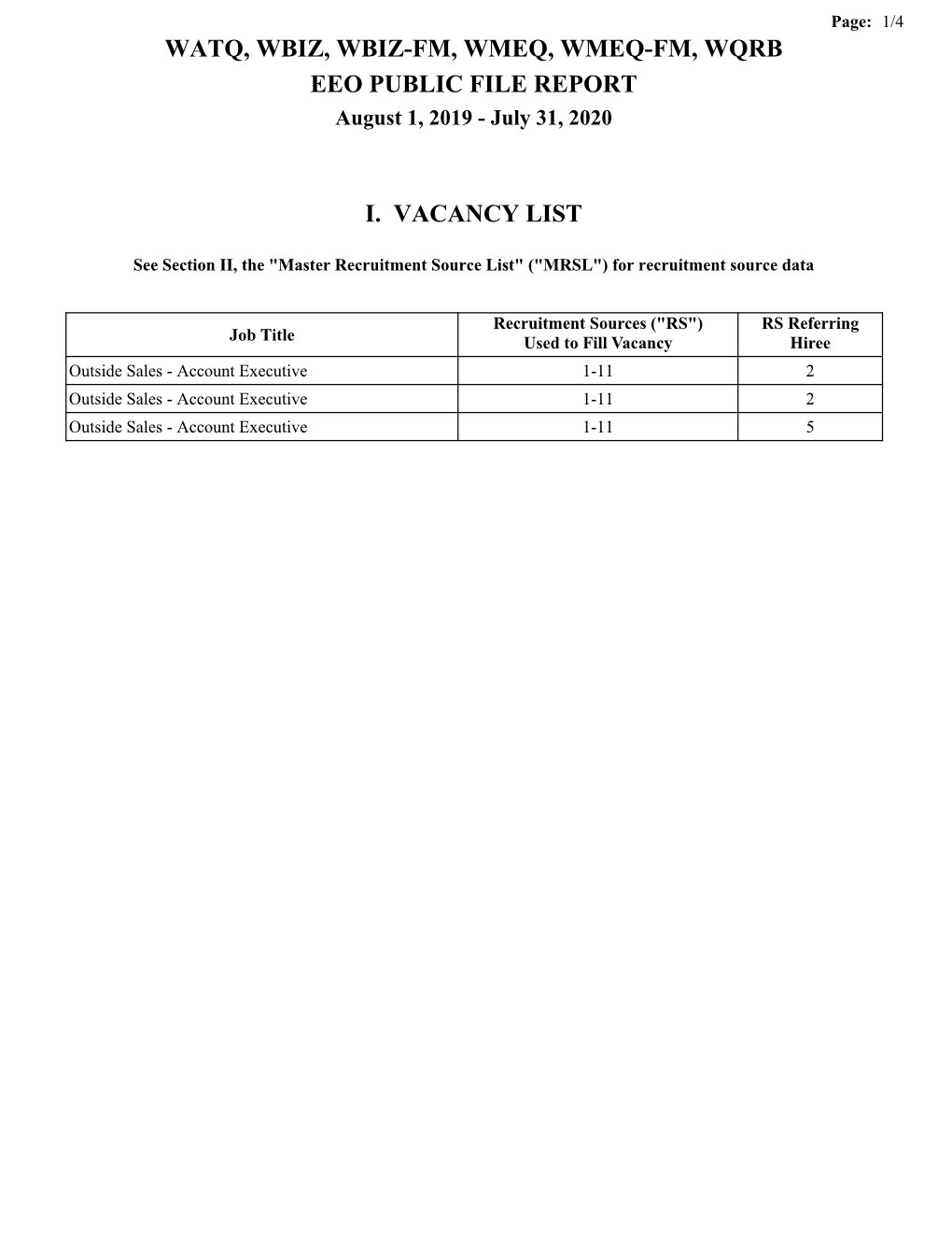 EEO PUBLIC FILE REPORT August 1, 2019 - July 31, 2020