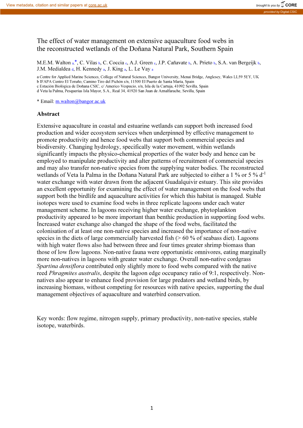 The Effect of Water Management on Extensive Aquaculture Food Webs in the Reconstructed Wetlands of the Doñana Natural Park, Southern Spain