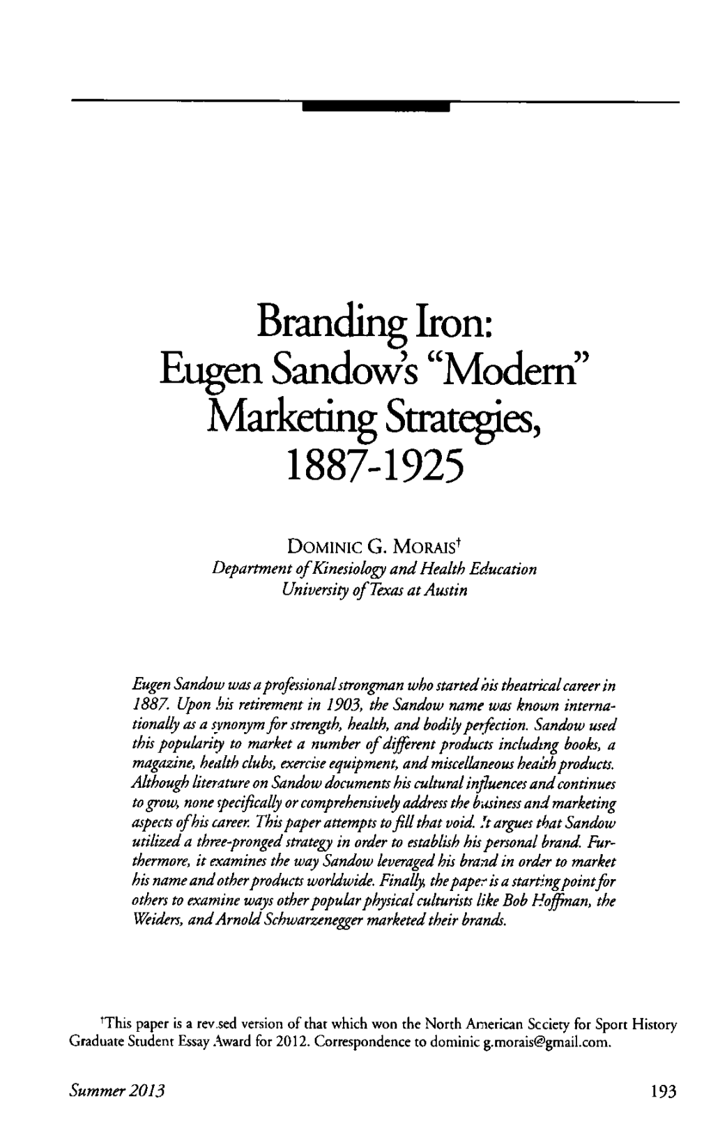 Eugen Sandow's “Modem” Marketing Strategies, 1887-1925