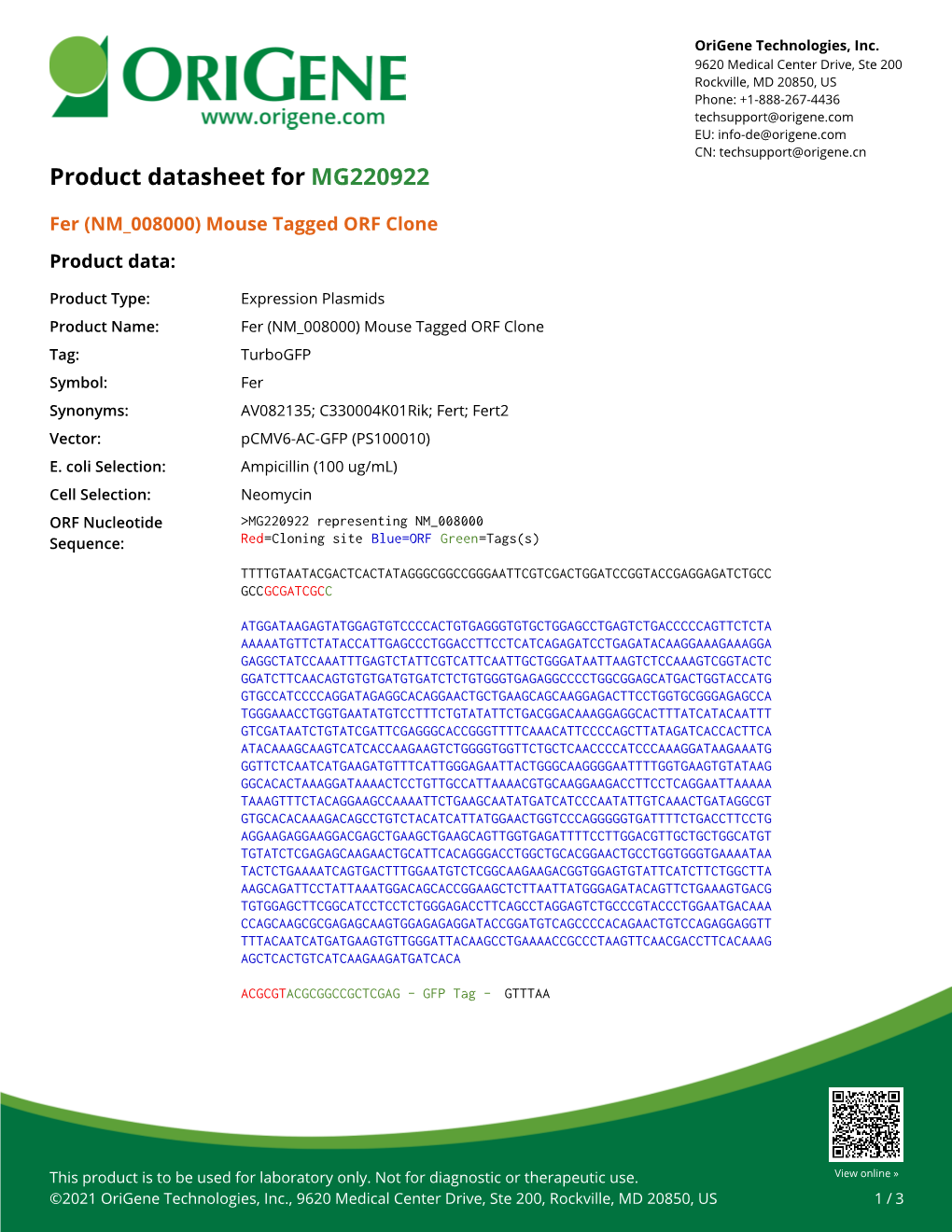 Fer (NM 008000) Mouse Tagged ORF Clone – MG220922 | Origene