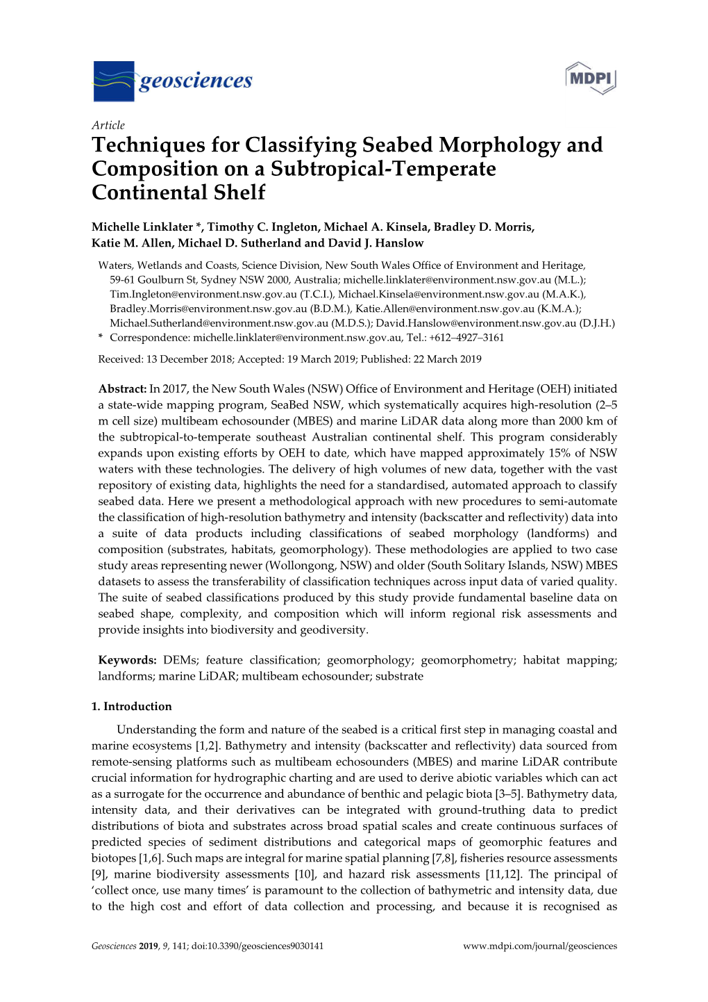 Techniques for Classifying Seabed Morphology and Composition on a Subtropical-Temperate Continental Shelf