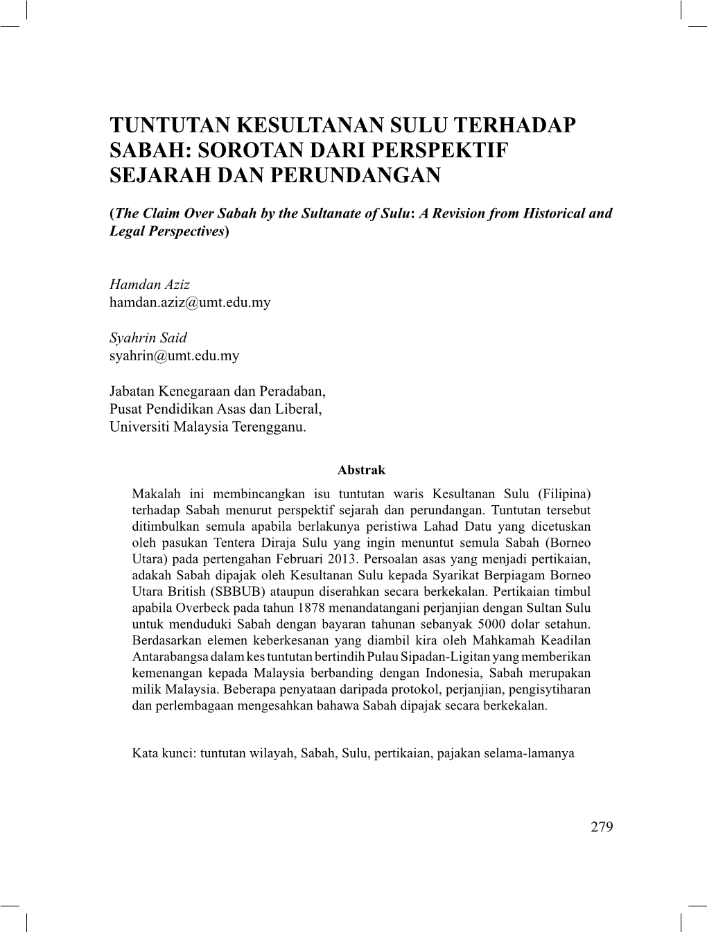 Tuntutan Kesultanan Sulu Terhadap Sabah: Sorotan Dari Perspektif Sejarah Dan Perundangan