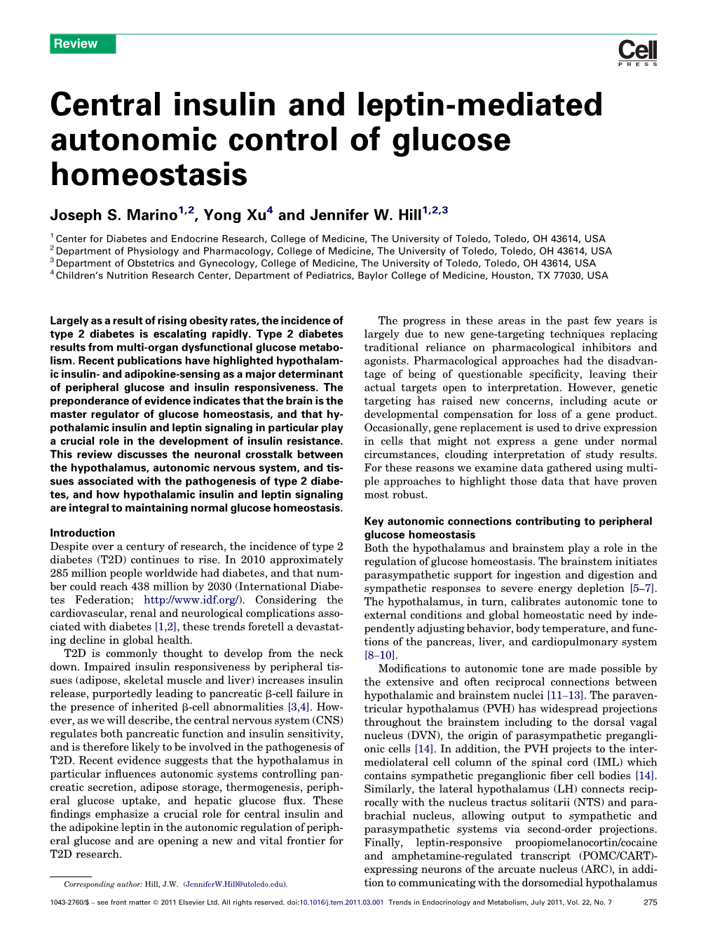 Central Insulin and Leptin-Mediated Autonomic Control of Glucose