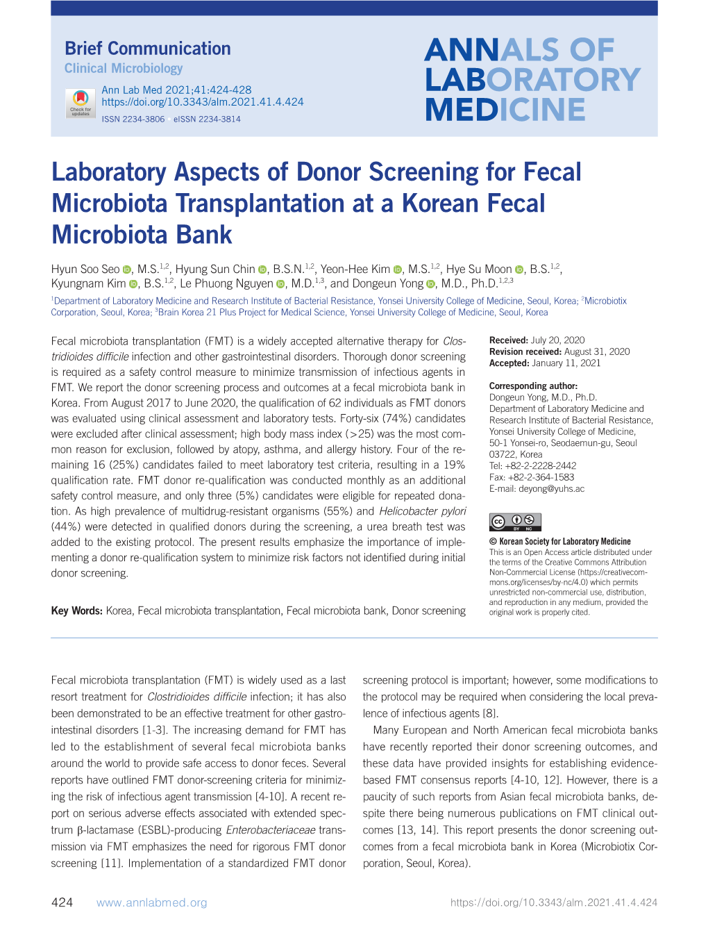 Laboratory Aspects of Donor Screening for Fecal Microbiota Transplantation at a Korean Fecal Microbiota Bank